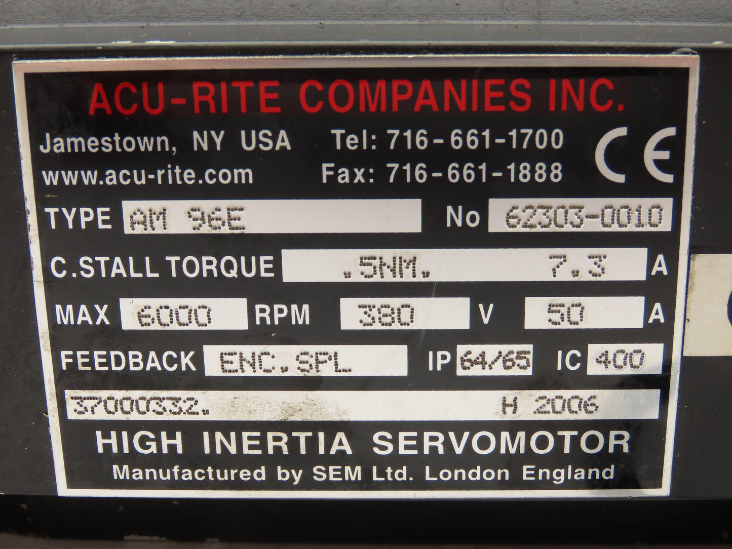 Acu-Rite AM96E 37000332 AC Servo Motor 380V 6000 RPM .5Nm  IP65