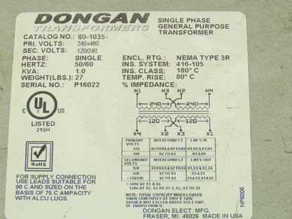 Dongan 80-1035 Control Transformer 1KVA Single Phase HV 240/480V LV 120/240V