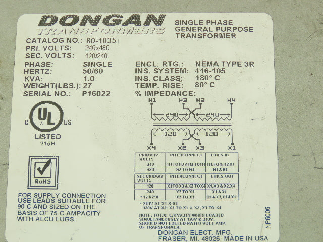 Dongan 80-1035 Control Transformer 1KVA Single Phase HV 240/480V LV 120/240V