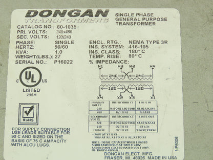 Dongan 80-1035 Control Transformer 1KVA Single Phase HV 240/480V LV 120/240V
