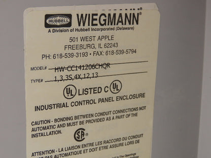 Wiegmann HW-CC141206CHQR Electrical Enclosure Control Panel 14x12x6" Clear Cover