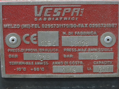 Vespa Sabbiatrici VSP 200 Sandblasting Machine 200L 12 Bar Blasting Tank Only