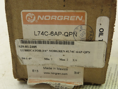 Norgren L74C-6AP-QPN Lubricator Pneumatic Filter 3/4"NPT 150PSIG 10 Bar