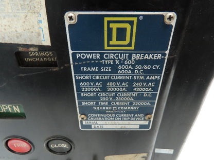 Square D K-600 Low Voltage Power Circuit Breaker 600A 600V