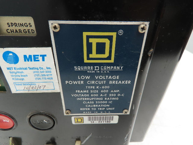 Square D K-600 Low Voltage Power Circuit Breaker 600A 600V Carriere FB600ER RMS