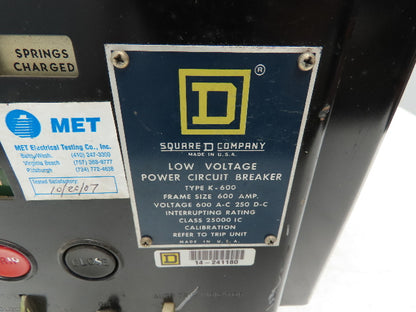 Square D K-600 Low Voltage Power Circuit Breaker 600A 600V Carriere FB600ER RMS