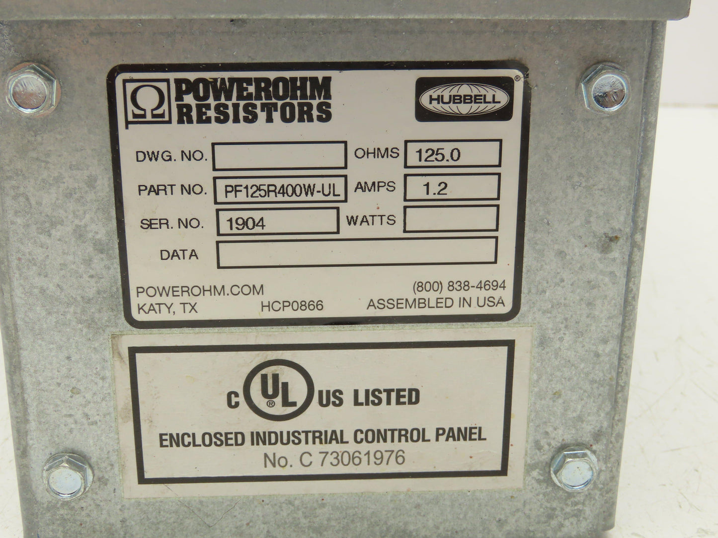 Hubbell PF125R400W-UL Braking Resistor 400W 1.2A 125.0 OHMS