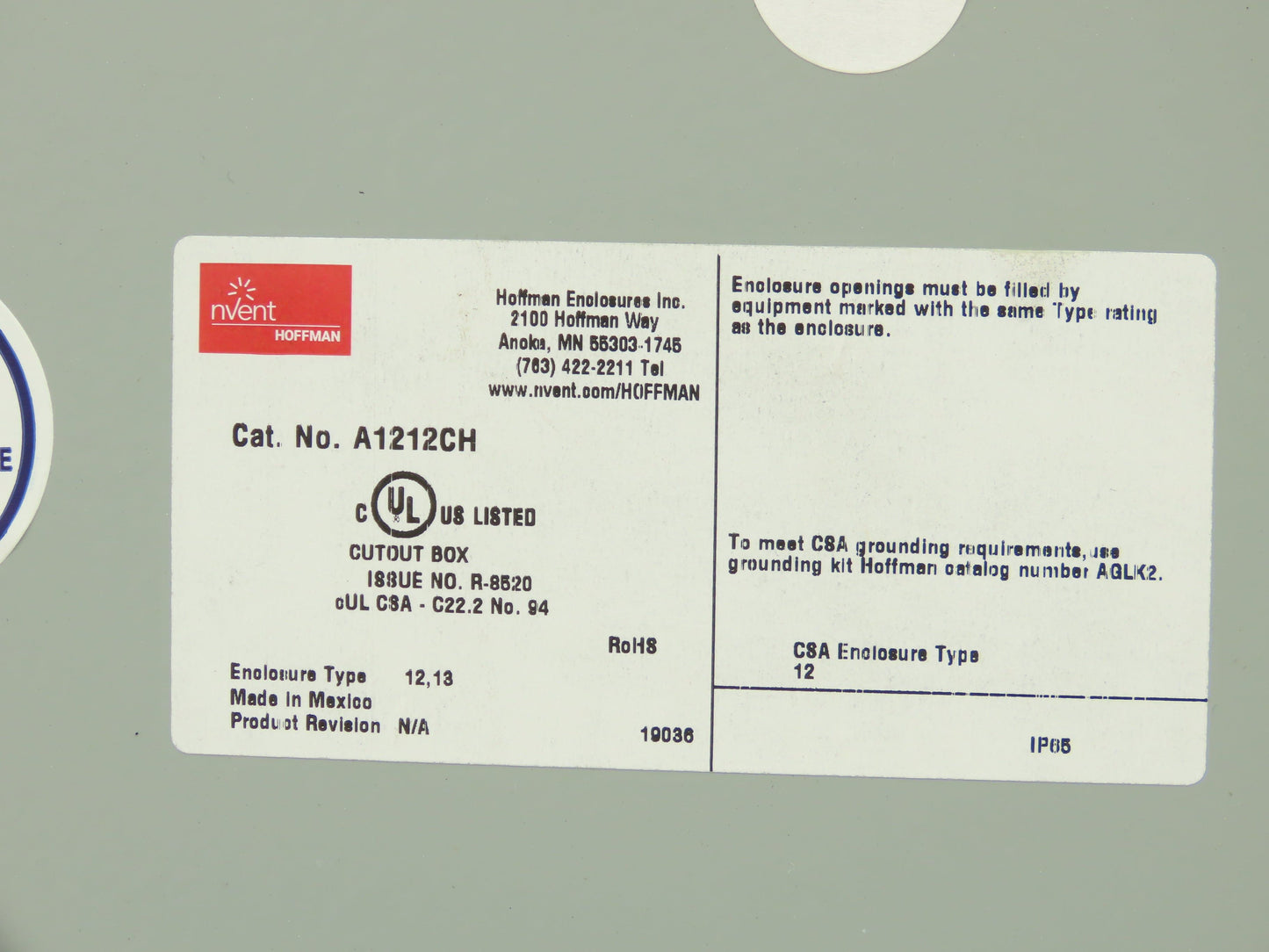 Hoffman A1212CH Electrical Enclosure Hinged 12"H x 12"W x 6" With Back Plate