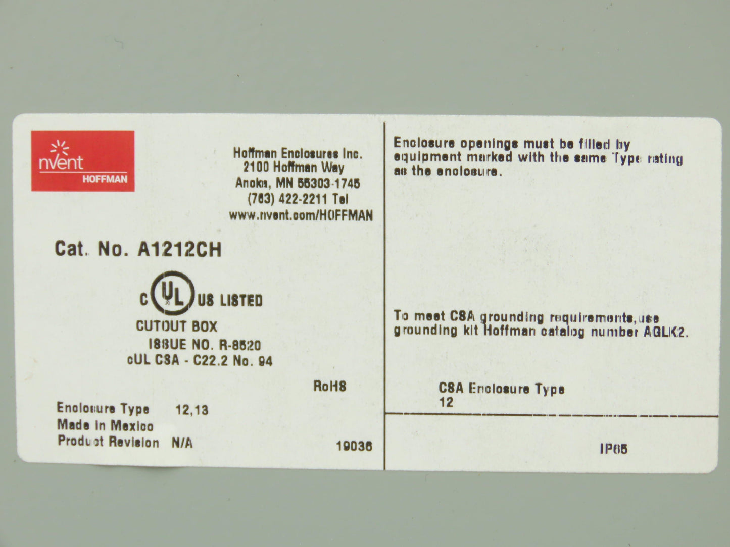 Hoffman A1212CH Electrical Enclosure Hinged 12"H x 12"W x 6" With Back Plate