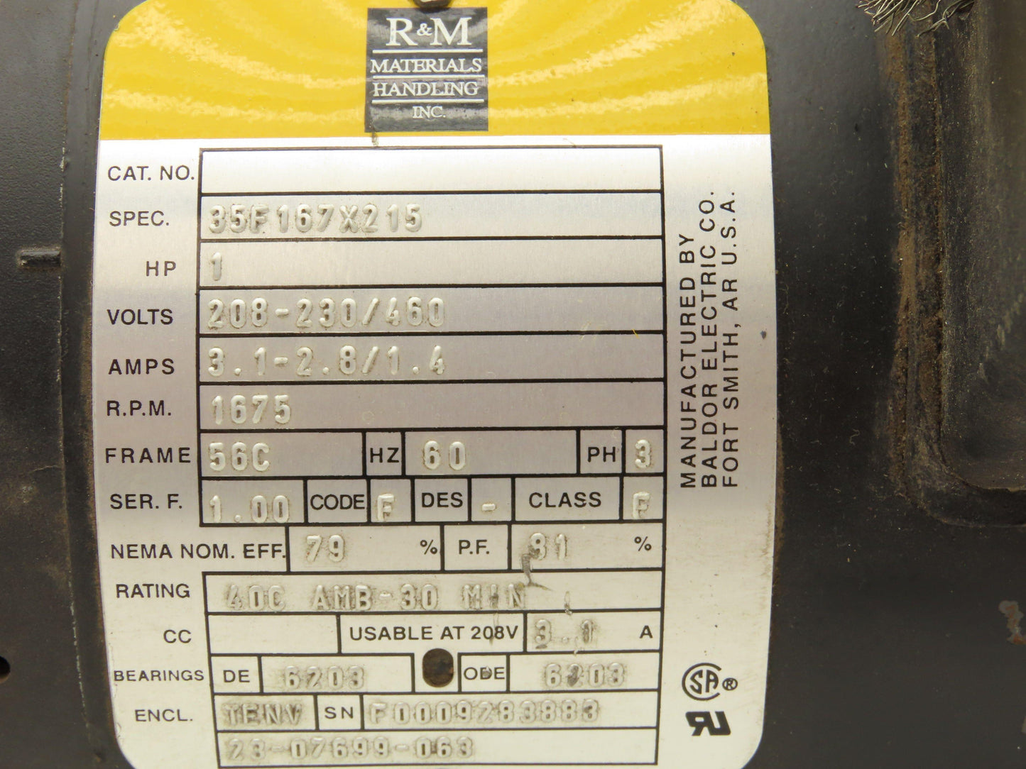 Baldor 35F167X215 Crane Duty AC Motor 1HP 1675 RPM 208-230/460V 3PH 56C TENV