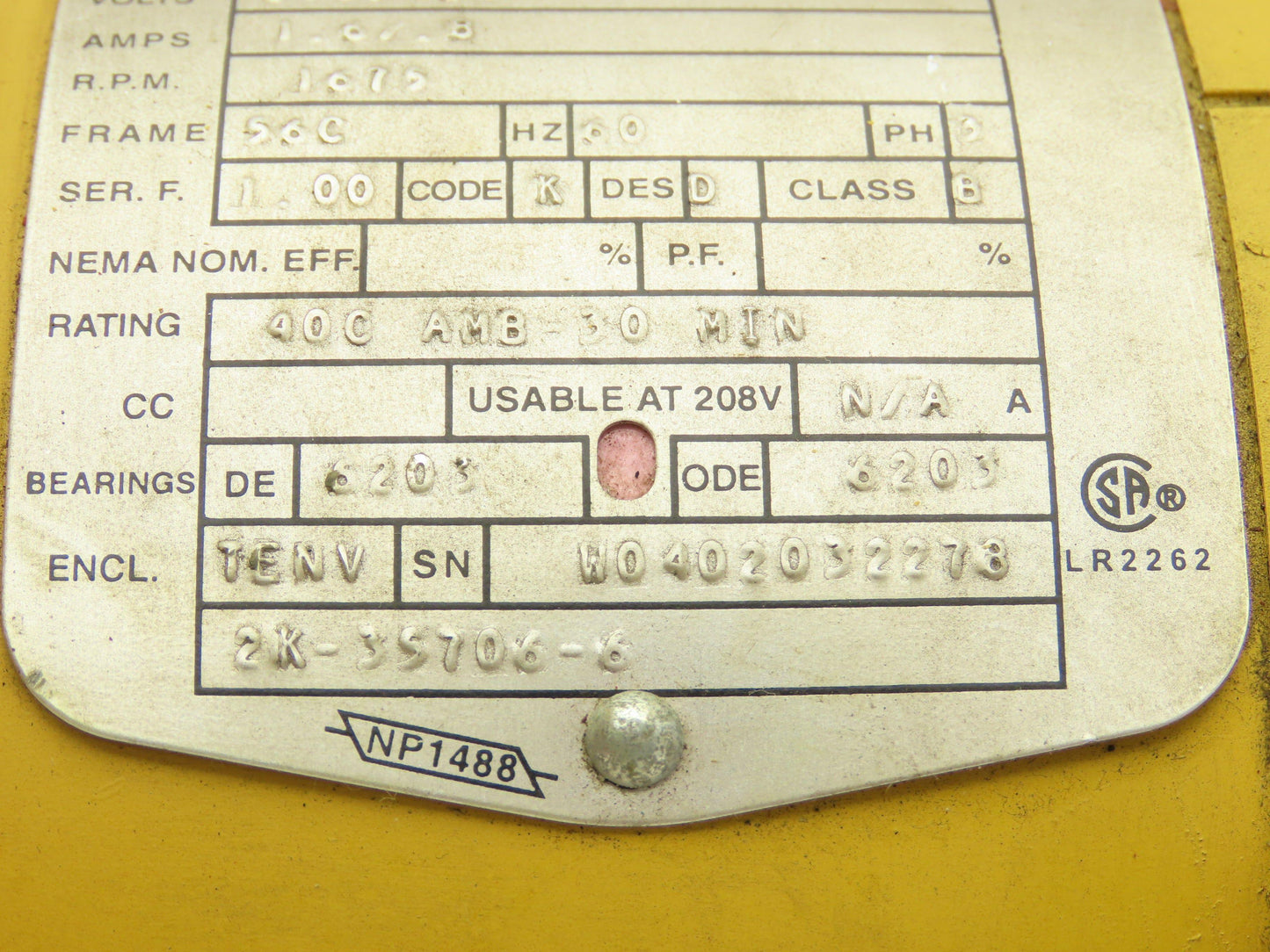 Shepard Niles 2K-35706-6 Crane Duty AC Motor 1/3HP 1675RPM 230/460V 3PH 56C TENV