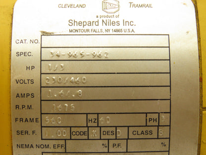 Shepard Niles 2K-35706-6 Crane Duty AC Motor 1/3HP 1675RPM 230/460V 3PH 56C TENV