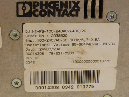 Phoenix Contact QUINT-PS-100-240AC/24VDC/20 Quint Power Supply 24VDC 20A Output