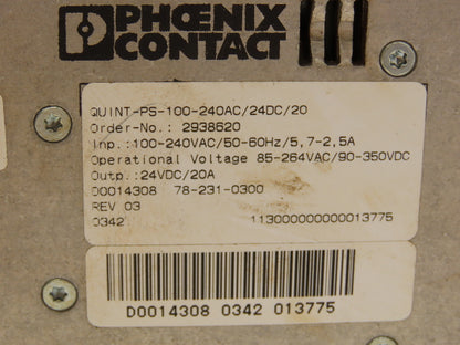 Phoenix Contact QUINT-PS-100-240AC/24VDC/20 Quint Power Supply 24VDC 20A Output