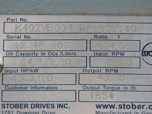 Stober K402VB0040MR165/140 Gearbox 4:1 Speed Reducer 13HP 437.5 RPM RH 140TC