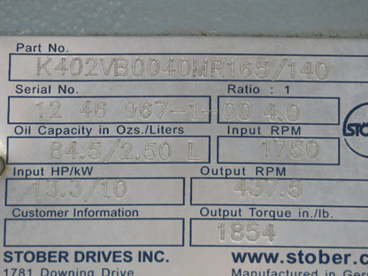 Stober K402VB0040MR165/140 Gearbox 4:1 Speed Reducer 13HP 437.5 RPM RH 140TC