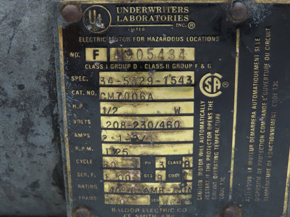Baldor CM7006A Hydraulic Micropump Motor 1/2Hp 1725 RPM 230/460V Explosion Proof