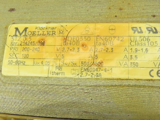 Klockner Moeller STZ 0.5 Control Transformer 200-240V Primary 100V Sec 500VA