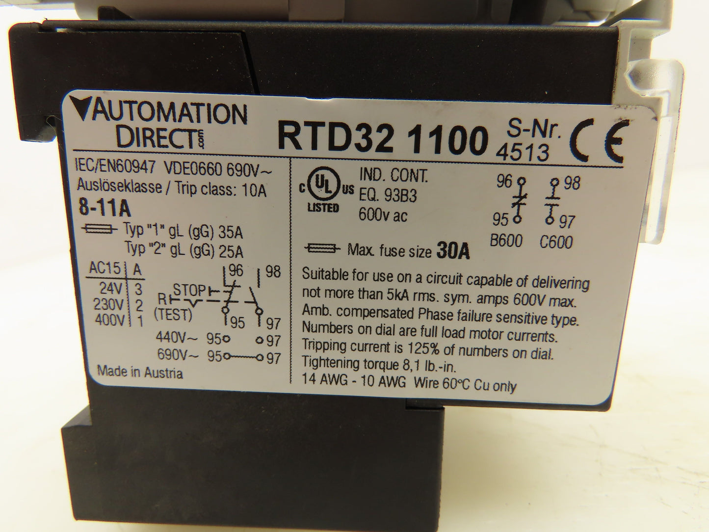 Automation Direct RTD321100 Motor Starter Thermal Overload Relay 8-11A 3 Pole