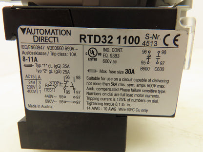 Automation Direct RTD321100 Motor Starter Thermal Overload Relay 8-11A 3 Pole
