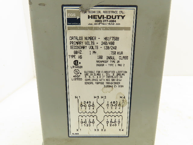 EGS HS1F750B Hevi-Duty Transformer 0.75 KVA 1Ph HV 240/480V LV 120/240V