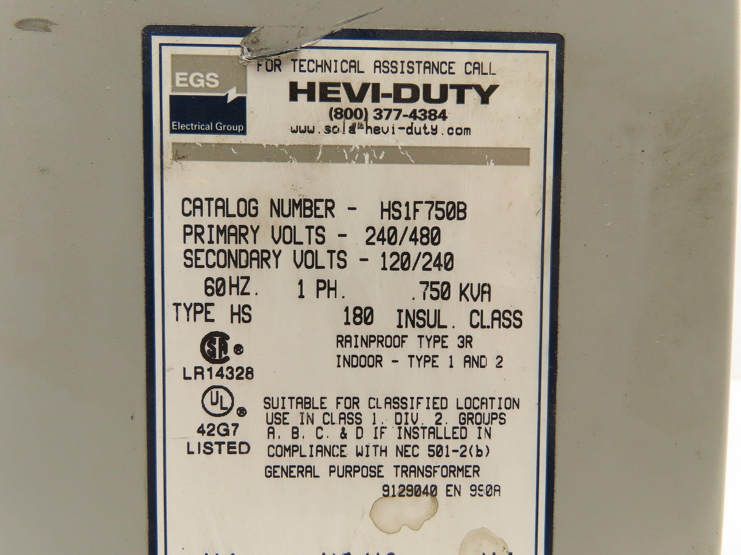 EGS HS1F750B Hevi-Duty Transformer 0.75 KVA 1Ph HV 240/480V LV 120/240V