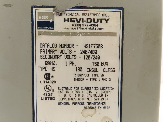 EGS HS1F750B Hevi-Duty Transformer 0.75 KVA 1Ph HV 240/480V LV 120/240V