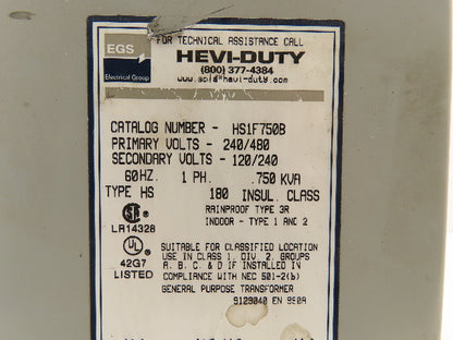 EGS HS1F750B Hevi-Duty Transformer 0.75 KVA 1Ph HV 240/480V LV 120/240V