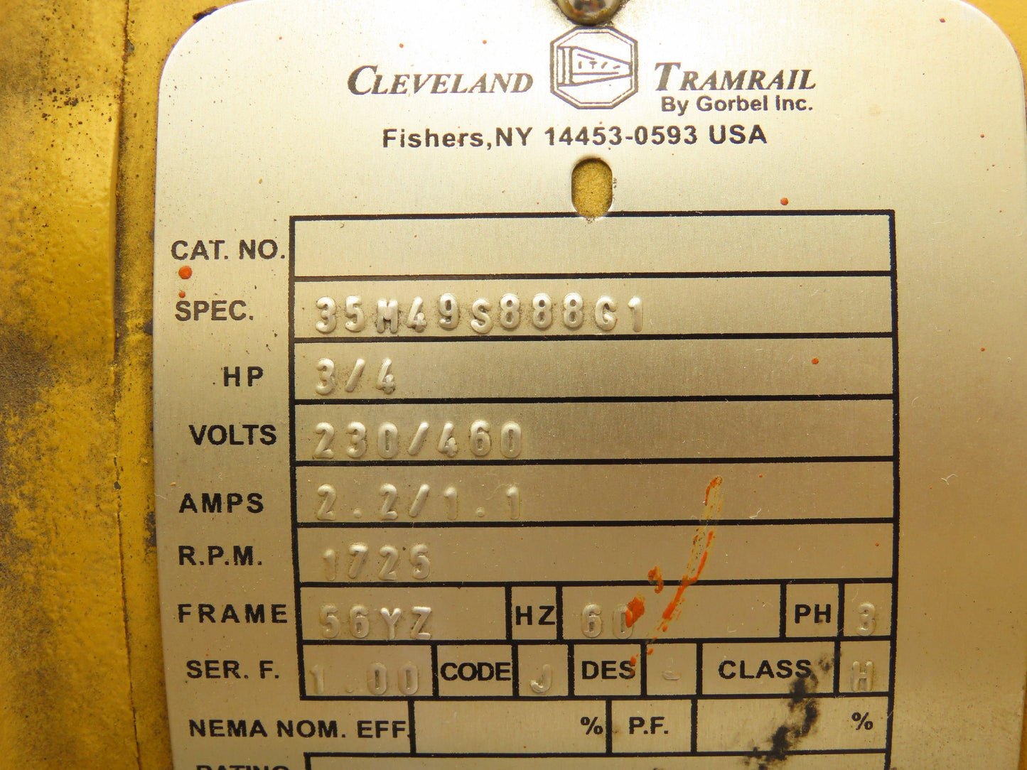 Cleveland Tramrail 35M49S888G1 Crane Motor 3/4Hp 1725 RPM 230/460V 3PH 56YZ