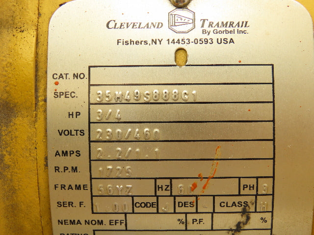 Cleveland Tramrail 35M49S888G1 Crane Motor 3/4Hp 1725 RPM 230/460V 3PH 56YZ