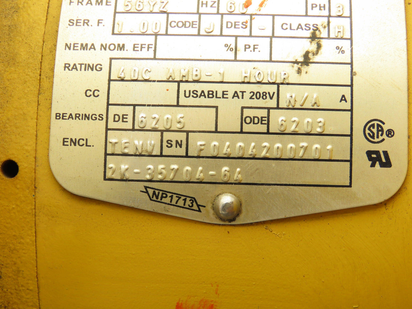 Cleveland Tramrail 35M49S888G1 Crane Motor 3/4Hp 1725 RPM 230/460V 3PH 56YZ