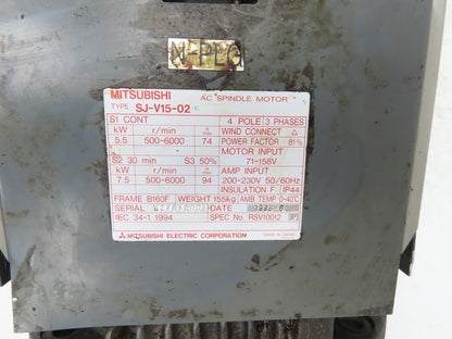 Mitsubishi SJ-V15-02 AC Spindle Servo Motor 5.5kw B160F Flange Mount 	6000 RPM