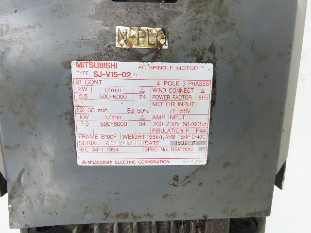 Mitsubishi SJ-V15-02 AC Spindle Servo Motor 5.5kw B160F Flange Mount 	6000 RPM