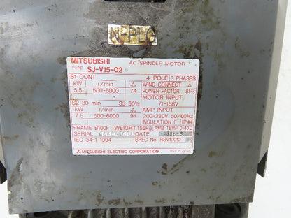 Mitsubishi SJ-V15-02 AC Spindle Servo Motor 5.5kw B160F Flange Mount 	6000 RPM