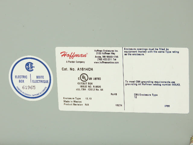 Hoffman A1614CH Electrical Enclosure Control Panel 16x14x6" Back Plate Knockouts