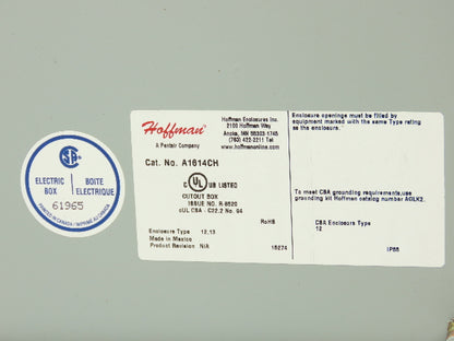 Hoffman A1614CH Electrical Enclosure Control Panel 16x14x6" Back Plate Knockouts