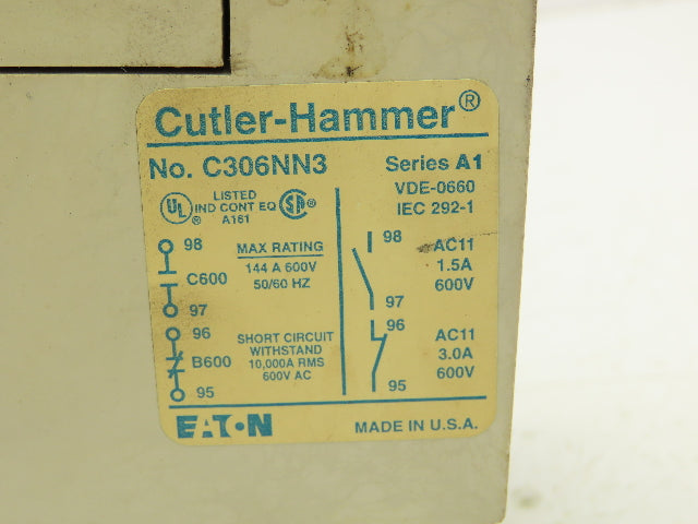 Cutler Hammer C306NN3 Overload Relay 144A 600V 3PH Series A1