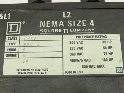 Square D  8536 Motor Starter With Overload Heaters NEMA 4 600VAC Series A