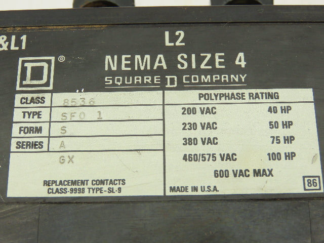 Square D  8536 Motor Starter With Overload Heaters NEMA 4 600VAC Series A