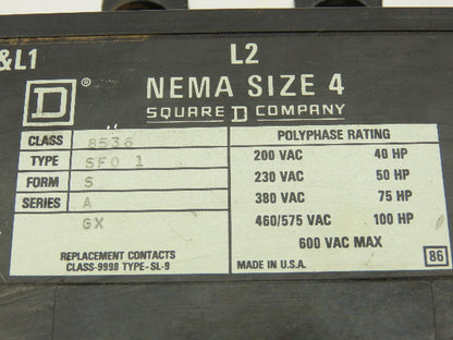 Square D  8536 Motor Starter With Overload Heaters NEMA 4 600VAC Series A