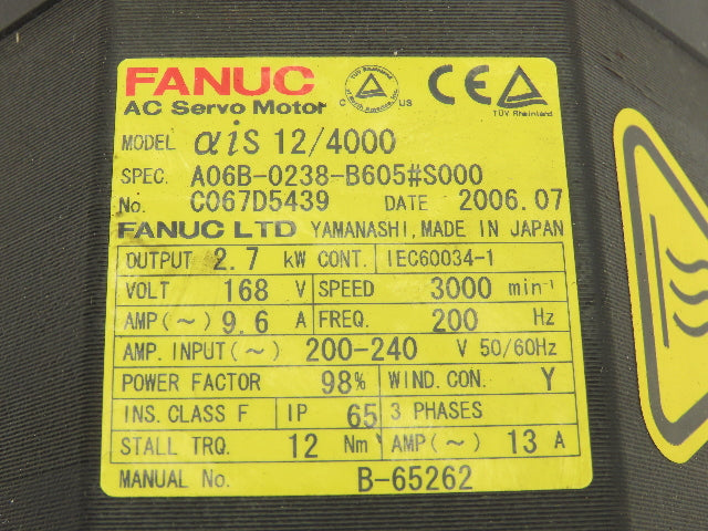 Fanuc A06B-0238-B605#S000 AC Servo Motor 2.7 kw 3000 RPM Pulsecoder