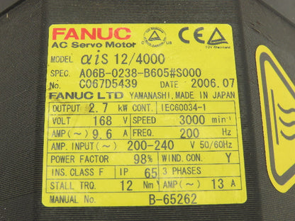 Fanuc A06B-0238-B605#S000 AC Servo Motor 2.7 kw 3000 RPM Pulsecoder