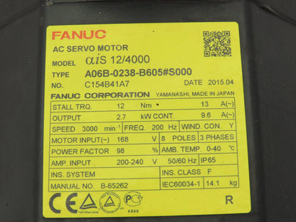 Fanuc A06B-0238-B605#S000 AC Servo Motor 2.7 kw 3000 RPM Pulsecoder