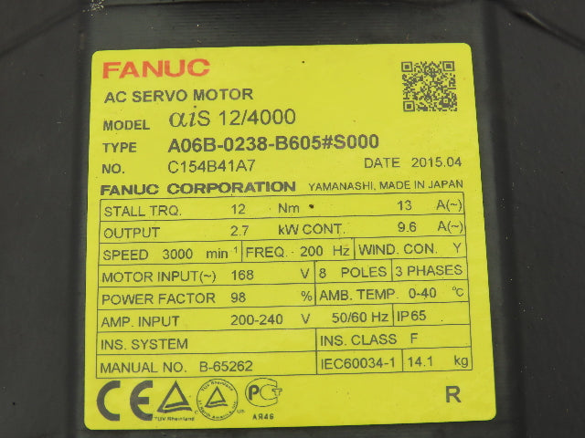 Fanuc A06B-0238-B605#S000 AC Servo Motor 2.7 kw 3000 RPM Pulsecoder