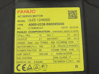 Fanuc A06B-0238-B605#S000 AC Servo Motor 2.7 kw 3000 RPM Pulsecoder