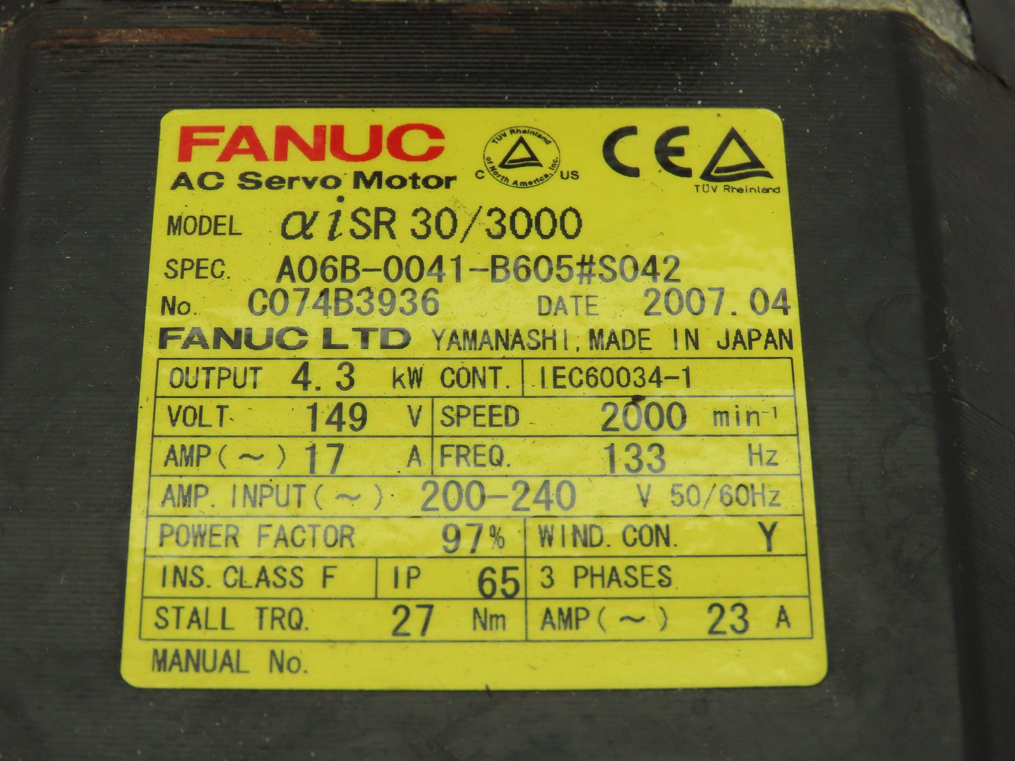 Fanuc A06B-0041-B605#S042 AC Servo Motor 4.3kw 149V 2000RPM Pulsecoder Encoder