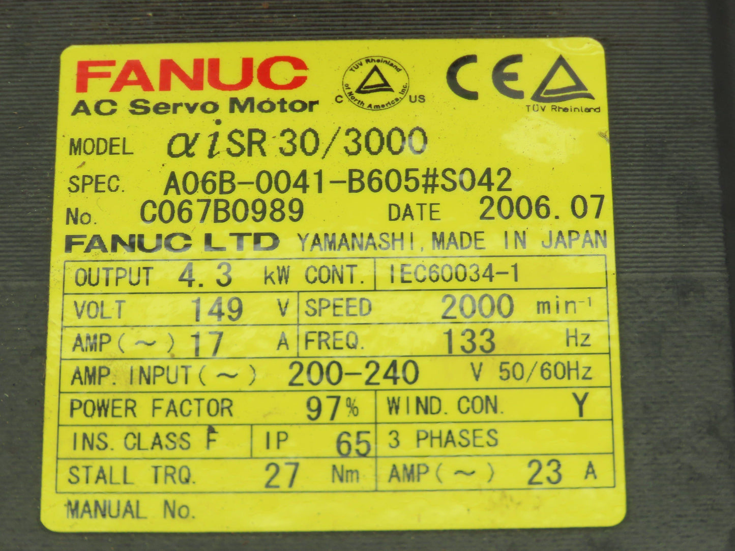 Fanuc A06B-0041-B605#S042 AC Servo Motor 4.3kw 149V 2000 RPM Pulsecoder Encoder