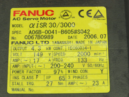 Fanuc A06B-0041-B605#S042 AC Servo Motor 4.3kw 149V 2000 RPM Pulsecoder Encoder
