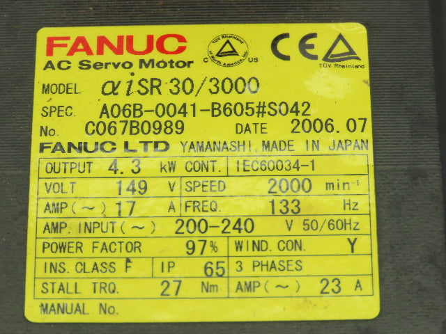 Fanuc A06B-0041-B605#S042 AC Servo Motor 4.3kw 149V 2000 RPM Pulsecoder Encoder