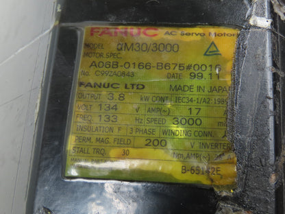 Fanuc A06B-0166-B675#0016 AC Servo Motor 3.8kw 3000 RPM Pulsecoder Encoder